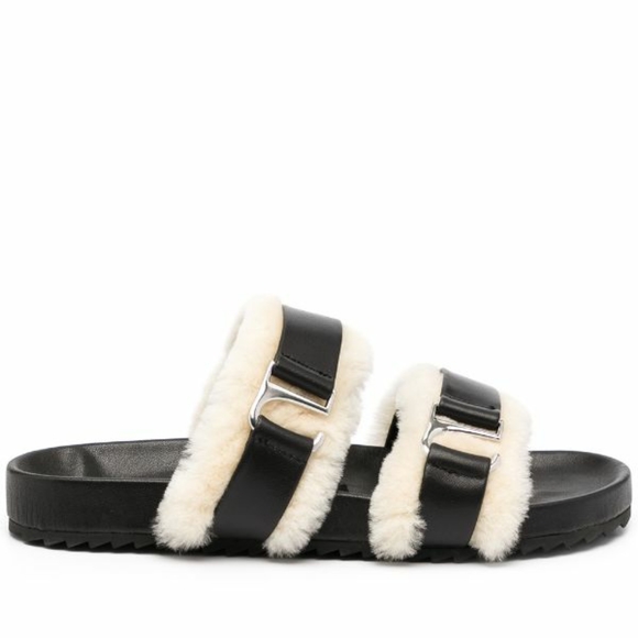 SENSO Dalley Shearling Trim Slides Shoes Sandals Fur Black Ivory Women Like New - Picture 3 of 11